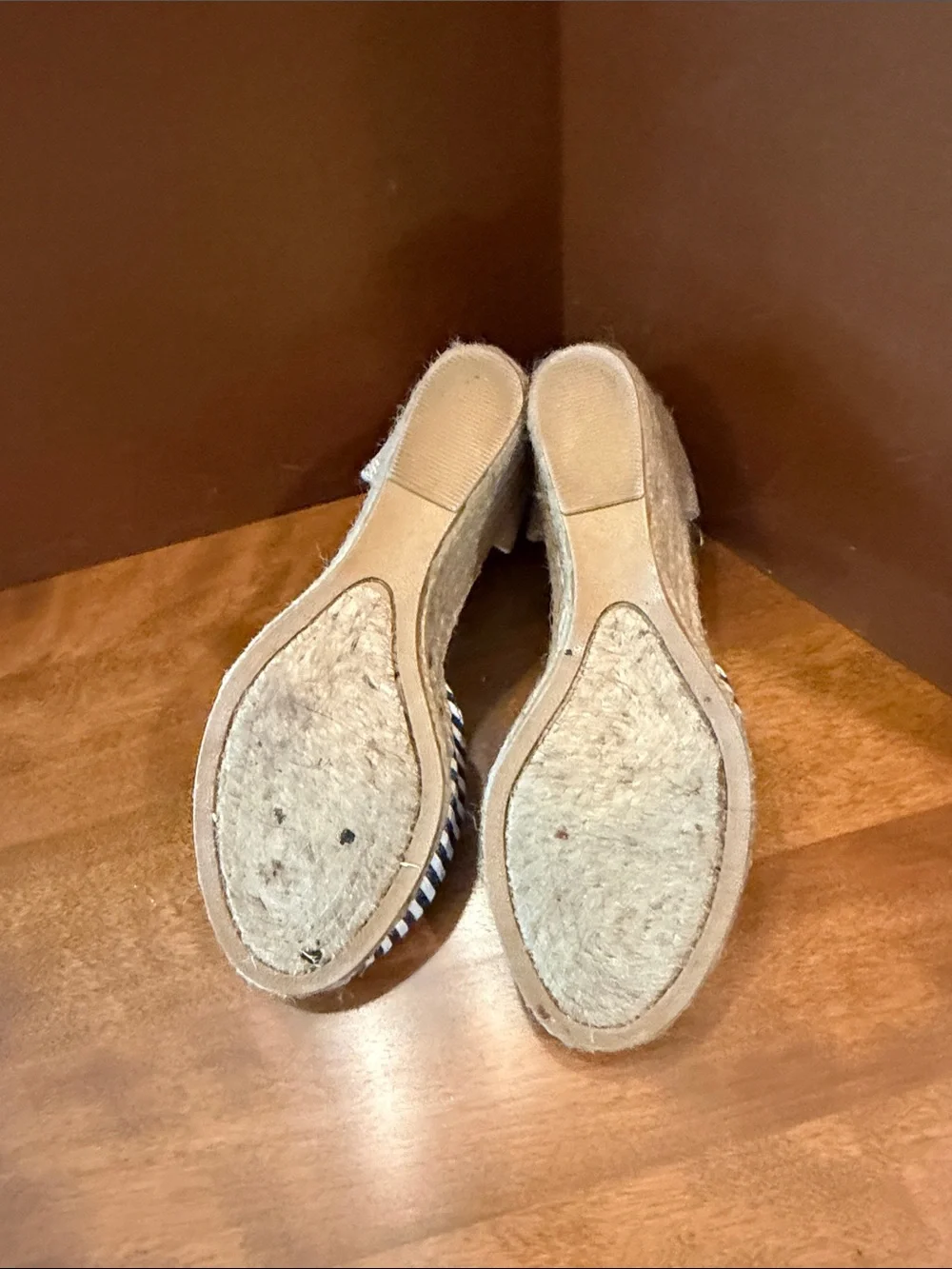 White Mountain Blue and White Striped Espadrille Wedge Sandals